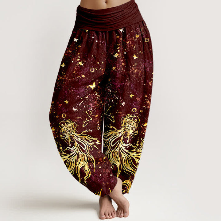 Buddha Stones Pantalones harem de algodón puro con estampado de mariposas y galaxia celestial para mujer, con cintura elástica. - Granate - US16，UK/AU20，EU48 (3XL) - image 5