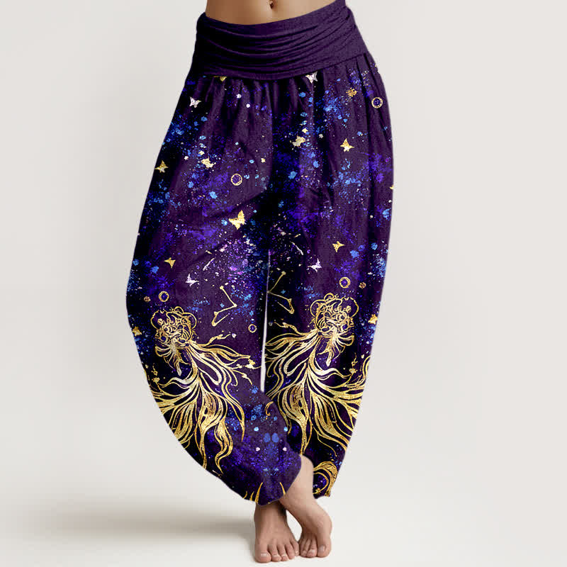 Buddha Stones Pantalones harem de algodón puro con estampado de mariposas y galaxia celestial para mujer, con cintura elástica. - Violeta oscuro - US16，UK/AU20，EU48 (3XL) - image 8