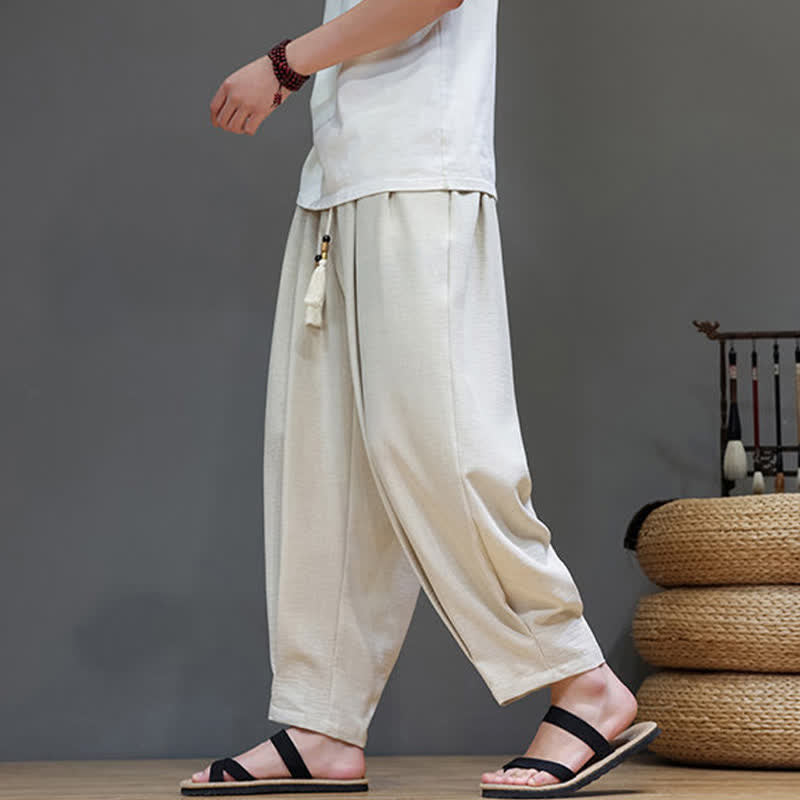 Buddha Stones Pantalones de verano minimalistas para hombre, de color liso, con cintura elástica y corte ajustado, con bolsillos. - image 1