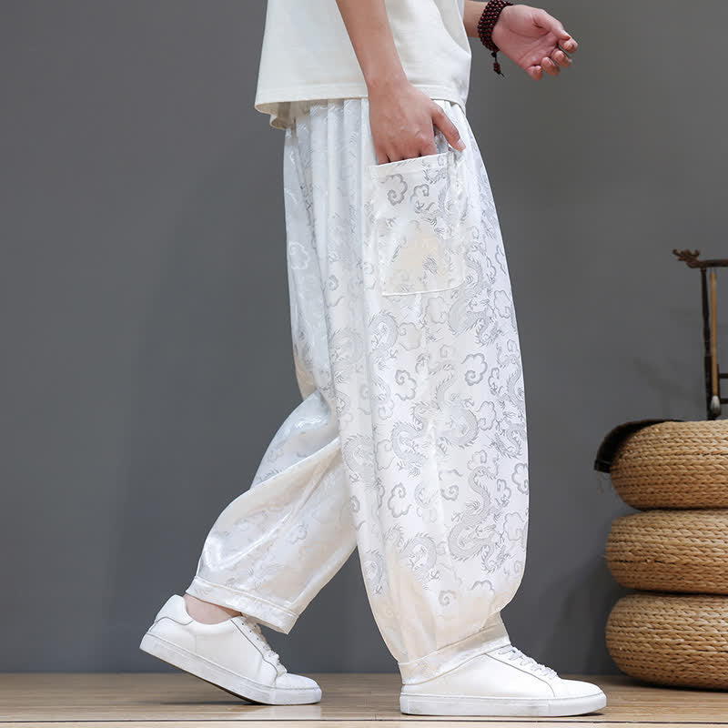 Buddha Stones Pantalones harem de verano para hombre con cordón ajustable, estampado de nubes, cintura elástica y bolsillos. - image 20