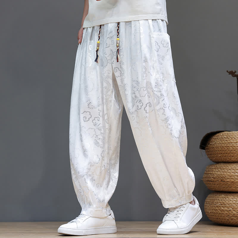 Buddha Stones Pantalones harem de verano para hombre con cordón ajustable, estampado de nubes, cintura elástica y bolsillos. - image 19