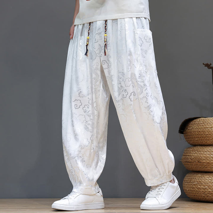 Buddha Stones Pantalones harem de verano para hombre con cordón ajustable, estampado de nubes, cintura elástica y bolsillos. - image 19