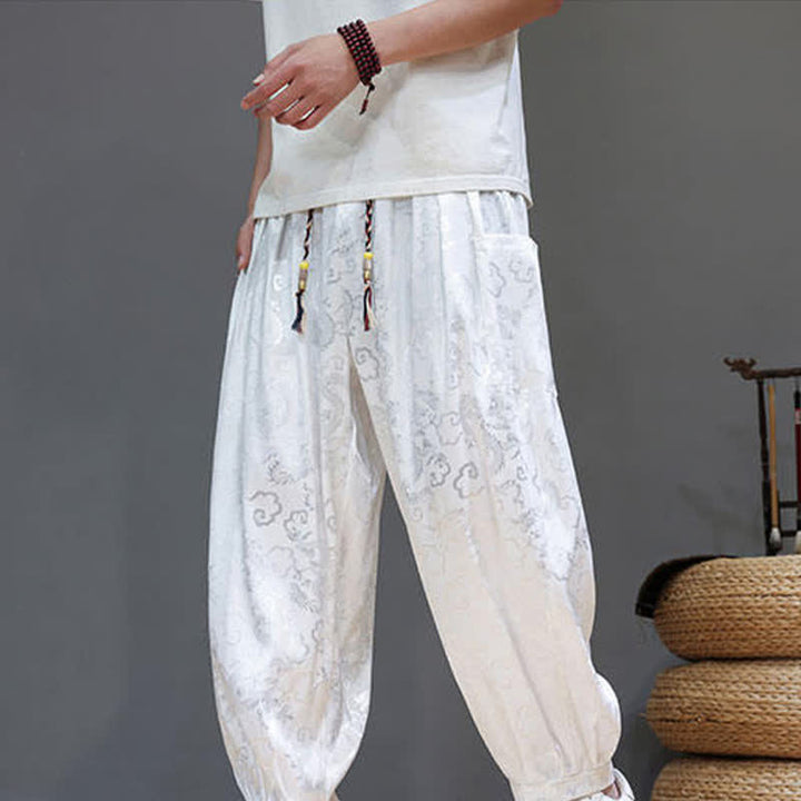 Buddha Stones Pantalones harem de verano para hombre con cordón ajustable, estampado de nubes, cintura elástica y bolsillos. - image 13