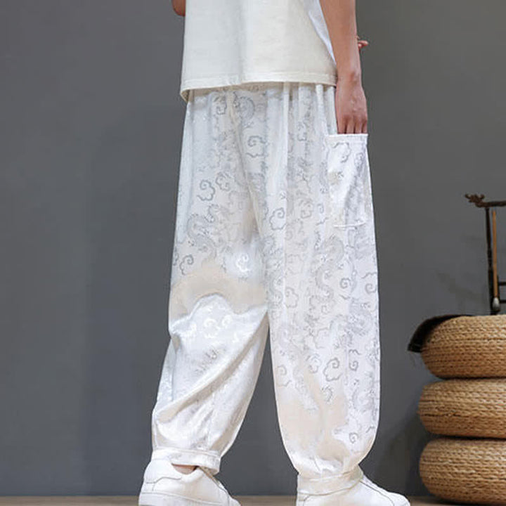Buddha Stones Pantalones harem de verano para hombre con cordón ajustable, estampado de nubes, cintura elástica y bolsillos. - image 15