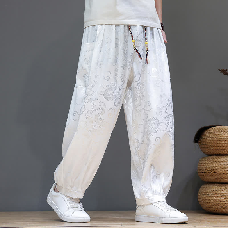 Buddha Stones Pantalones harem de verano para hombre con cordón ajustable, estampado de nubes, cintura elástica y bolsillos. - image 21