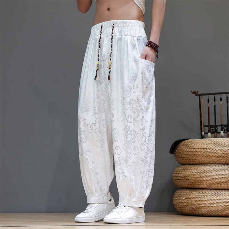 Buddha Stones Pantalones harem de verano para hombre con cordón ajustable, estampado de nubes, cintura elástica y bolsillos. - image 12