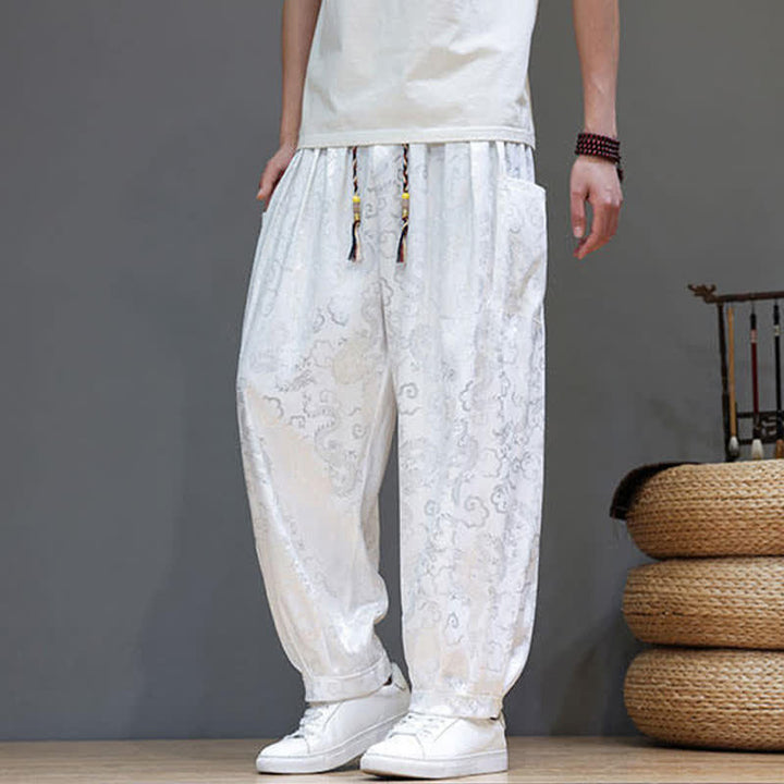 Buddha Stones Pantalones harem de verano para hombre con cordón ajustable, estampado de nubes, cintura elástica y bolsillos. - image 14