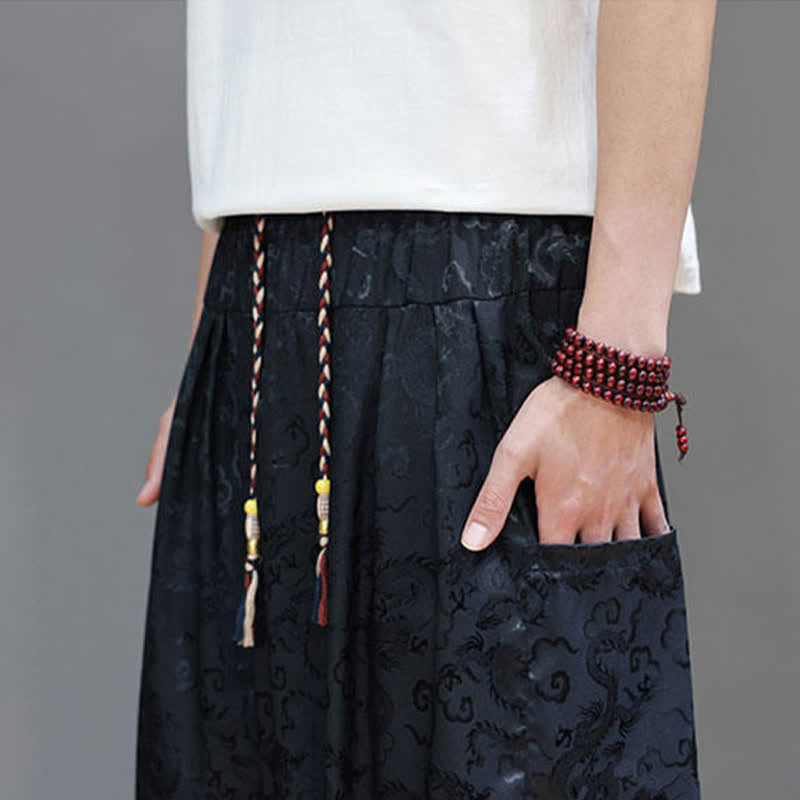 Buddha Stones Pantalones harem de verano para hombre con cordón ajustable, estampado de nubes, cintura elástica y bolsillos. - image 9