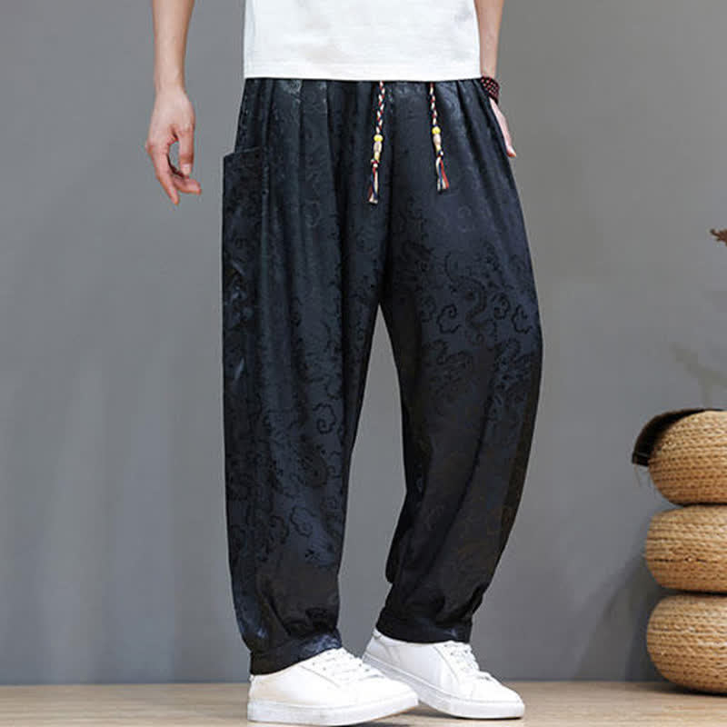 Buddha Stones Pantalones harem de verano para hombre con cordón ajustable, estampado de nubes, cintura elástica y bolsillos. - image 2