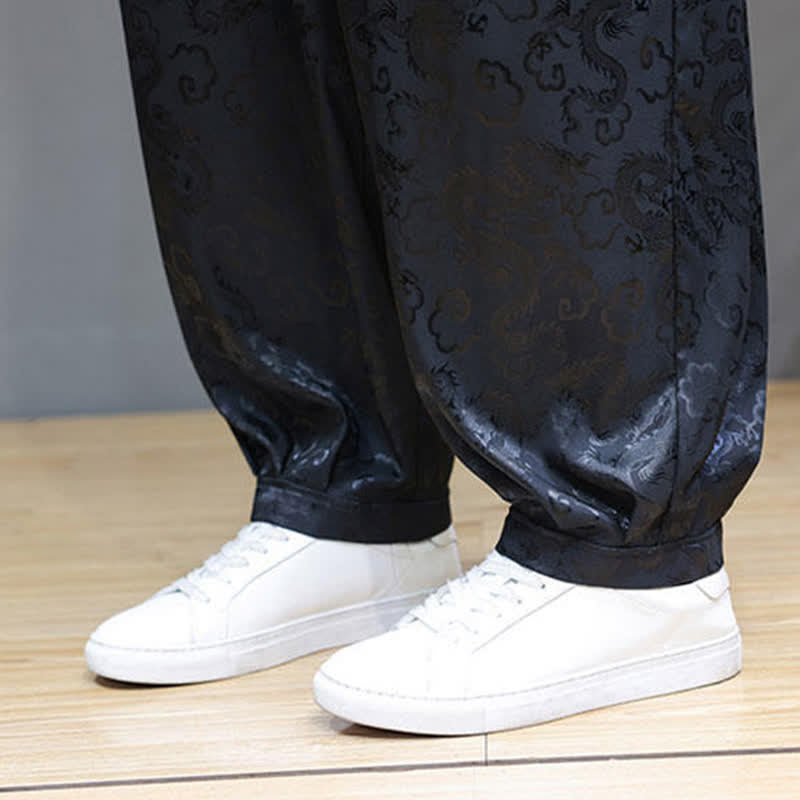 Buddha Stones Pantalones harem de verano para hombre con cordón ajustable, estampado de nubes, cintura elástica y bolsillos. - image 10