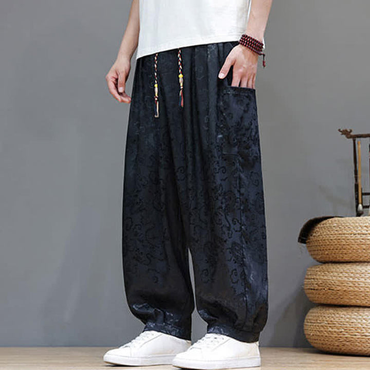 Buddha Stones Pantalones harem de verano para hombre con cordón ajustable, estampado de nubes, cintura elástica y bolsillos. - image 1