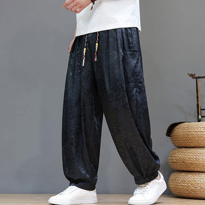 Buddha Stones Pantalones harem de verano para hombre con cordón ajustable, estampado de nubes, cintura elástica y bolsillos. - image 4