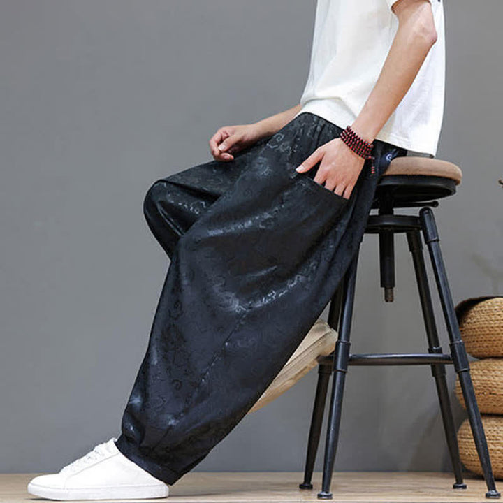 Buddha Stones Pantalones harem de verano para hombre con cordón ajustable, estampado de nubes, cintura elástica y bolsillos. - image 7