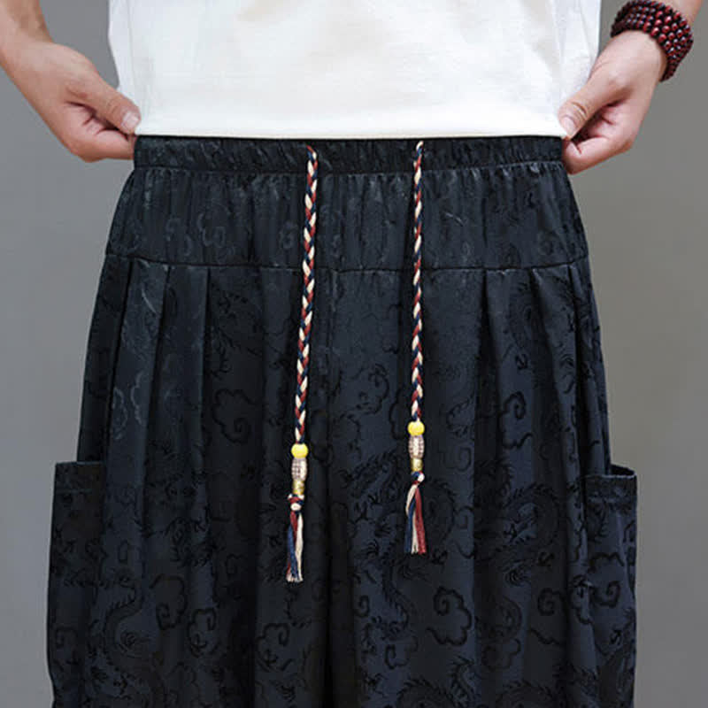 Buddha Stones Pantalones harem de verano para hombre con cordón ajustable, estampado de nubes, cintura elástica y bolsillos. - image 8