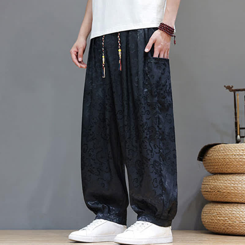 Buddha Stones Pantalones harem de verano para hombre con cordón ajustable, estampado de nubes, cintura elástica y bolsillos. - image 1