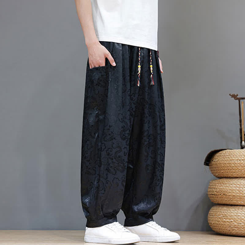 Buddha Stones Pantalones harem de verano para hombre con cordón ajustable, estampado de nubes, cintura elástica y bolsillos. - image 6