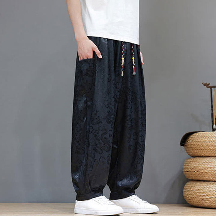 Buddha Stones Pantalones harem de verano para hombre con cordón ajustable, estampado de nubes, cintura elástica y bolsillos. - image 6