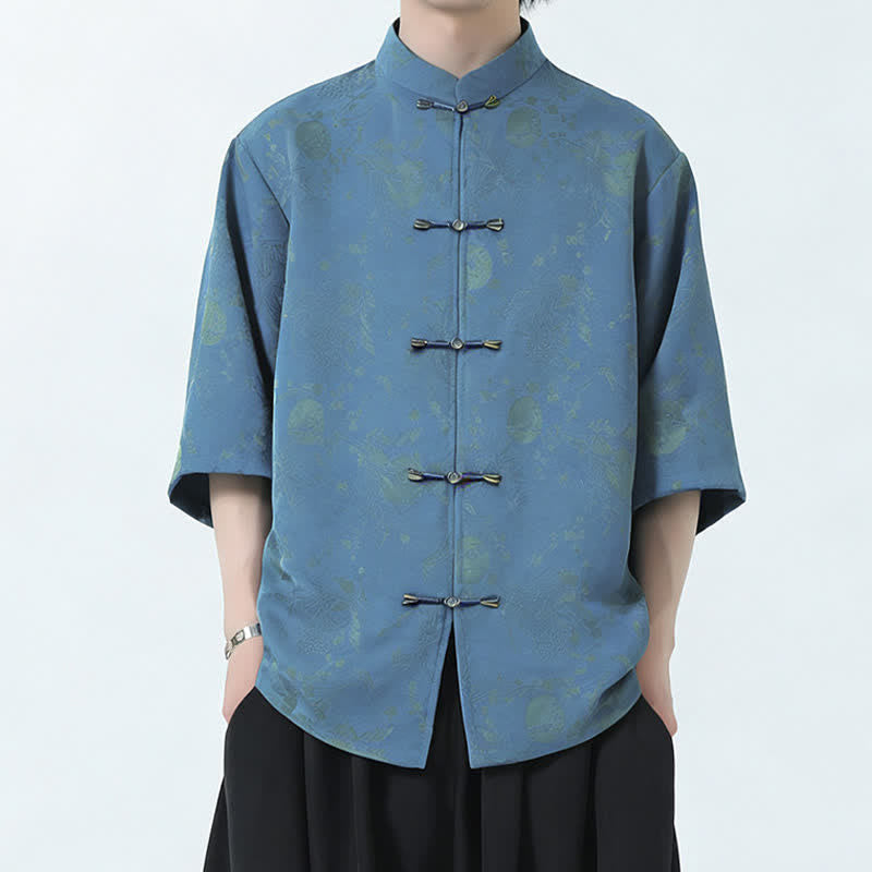 Buddha Stones Camisas de manga hasta el codo para hombre, estilo Summer Tang, con cuello mandarín, botones de rana y abertura lateral. - image 1