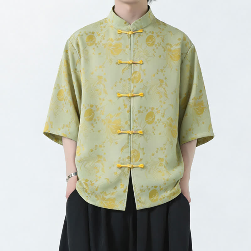 Buddha Stones Camisas de manga hasta el codo para hombre, estilo Summer Tang, con cuello mandarín, botones de rana y abertura lateral. - image 7