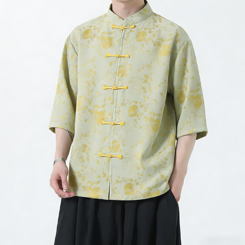 Buddha Stones Camisas de manga hasta el codo para hombre, estilo Summer Tang, con cuello mandarín, botones de rana y abertura lateral. - image 8