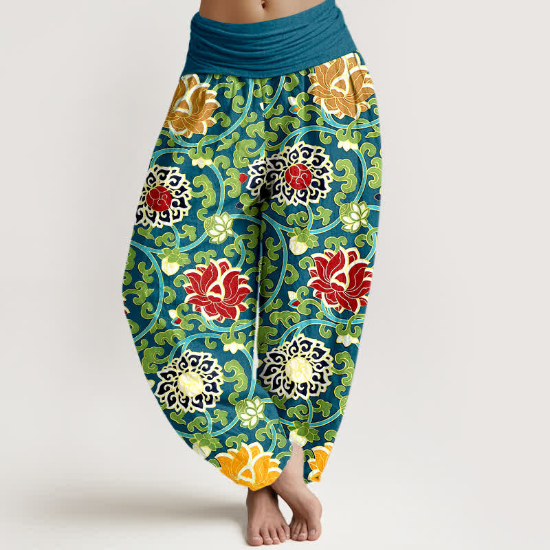 Buddha Stones Pantalones harem de mujer con cintura elástica y estampado bohemio de enredadera de loto, de algodón puro. - image 0