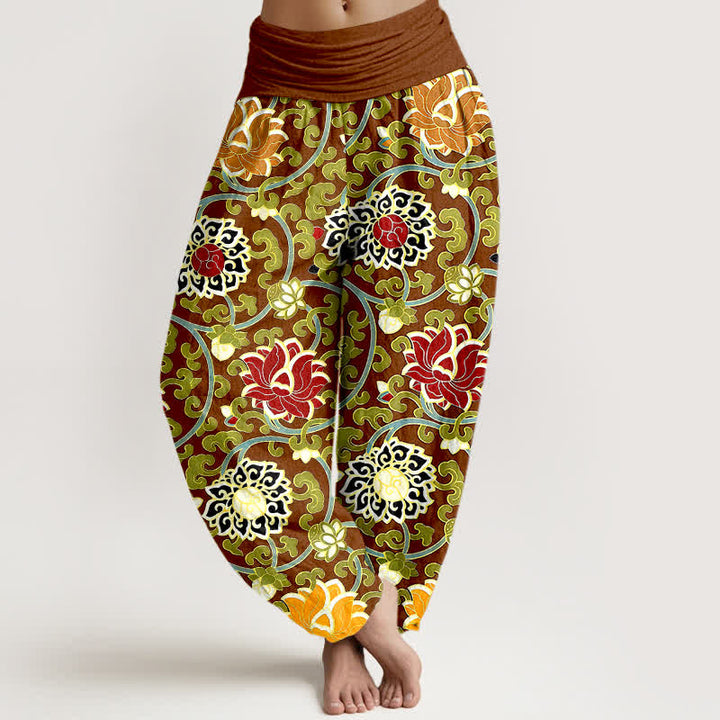 Buddha Stones Pantalones harem de mujer con cintura elástica y estampado bohemio de enredadera de loto, de algodón puro. - image 5