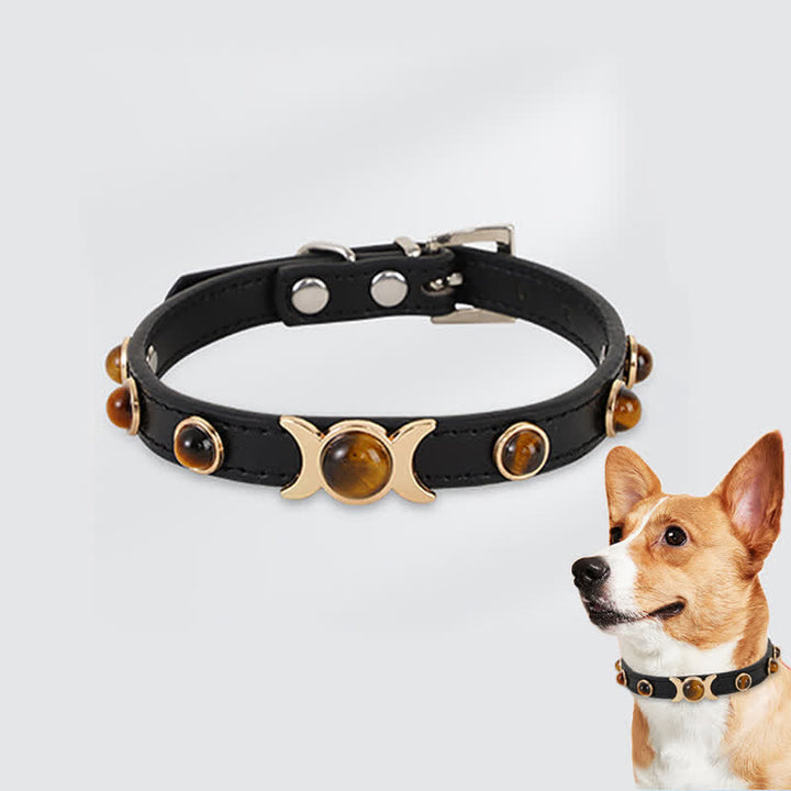 Buddha Stones Collar ajustable para mascotas Tiger Eye Leather Courage para gatos y perros - Ojo de Tigre (Protección♥Coraje) - 26-32 cm - image 0