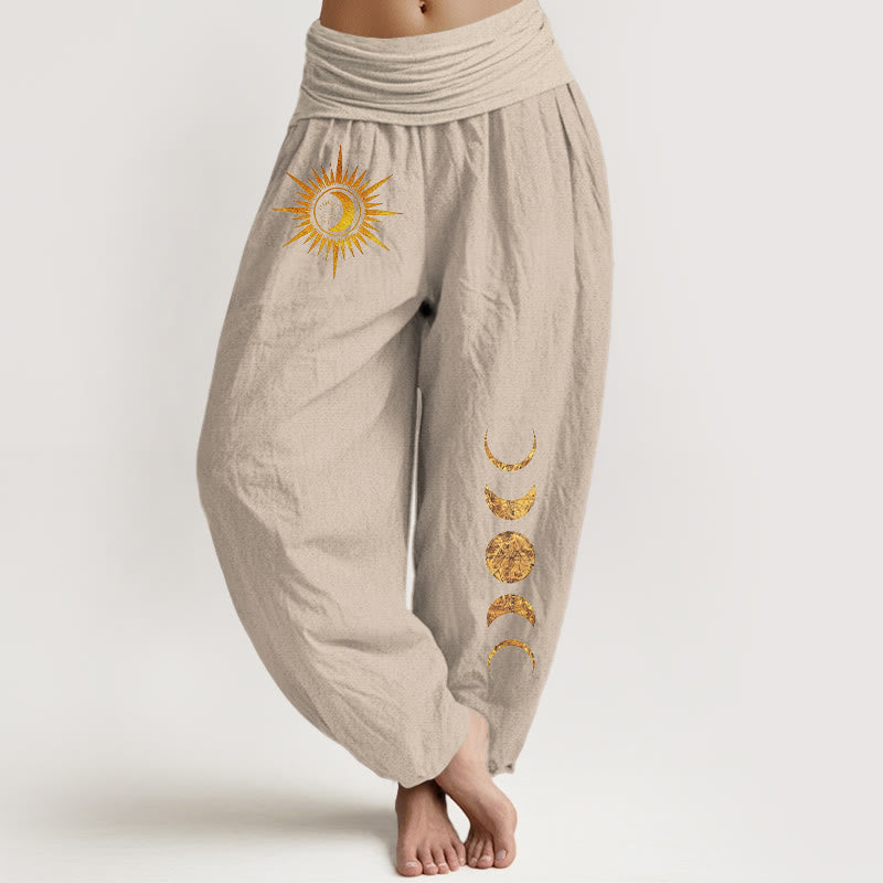 Buddha Stones Pantalones harem de mujer con cintura elástica y estampado de fases lunares y sol dorado, de algodón puro para mujer. - Broncearse - US16，UK/AU20，EU48 (3XL) - image 5