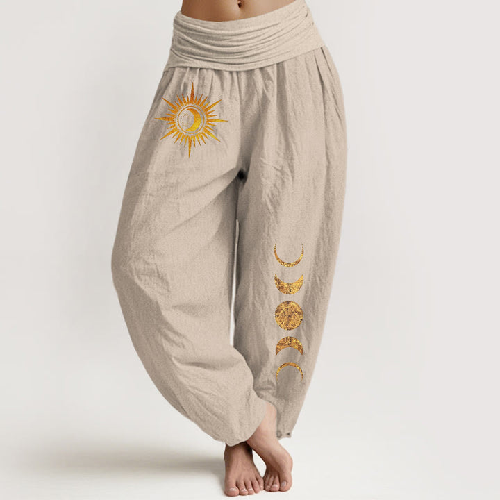 Buddha Stones Pantalones harem de mujer con cintura elástica y estampado de fases lunares y sol dorado, de algodón puro para mujer. - Broncearse - US16，UK/AU20，EU48 (3XL) - image 5