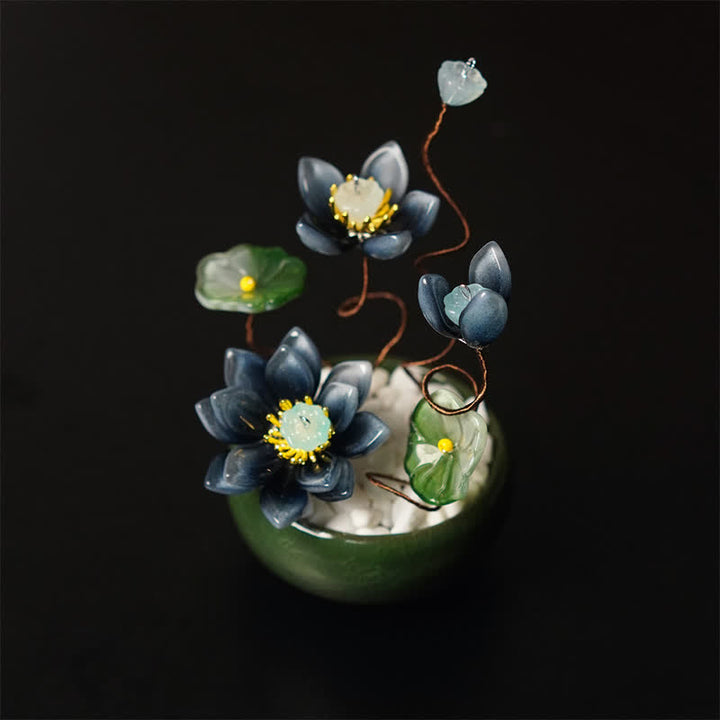 Buddha Stones Maceta Lotus Liuli hecha a mano, decoración para un estilo de vida consciente - Azul oscuro - image 0