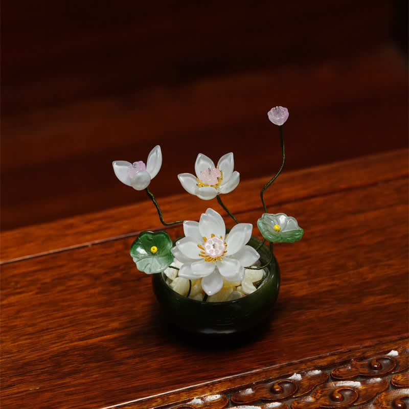 Buddha Stones Maceta Lotus Liuli hecha a mano, decoración para un estilo de vida consciente - Blanco - image 6