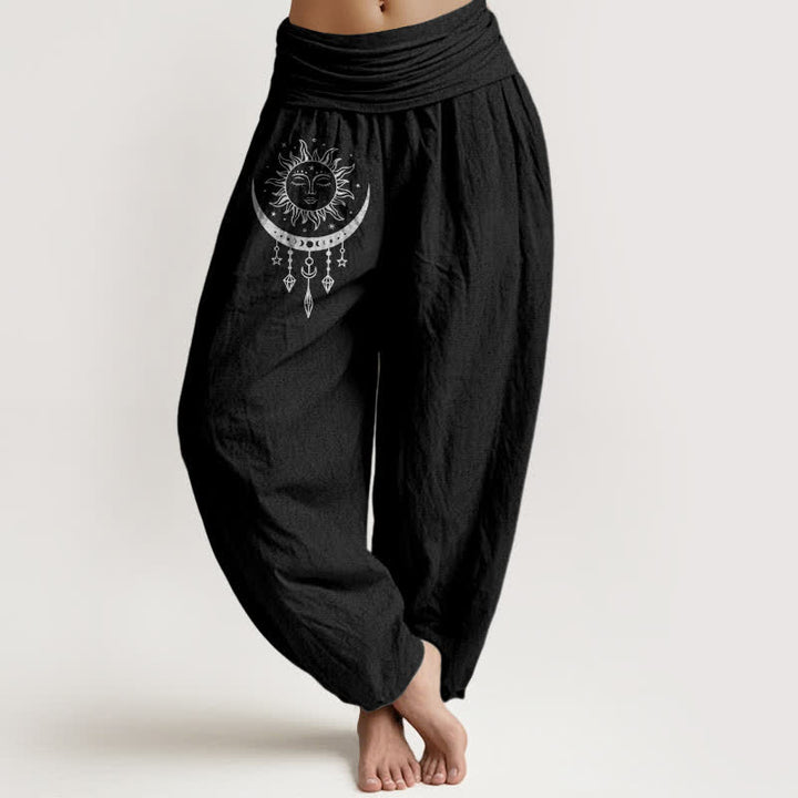 Buddha Stones Pantalones harem de algodón puro con estampado de sol, luna y estrellas con borlas para mujer y cintura elástica. - Negro - US16，UK/AU20，EU48 (3XL) - image 5