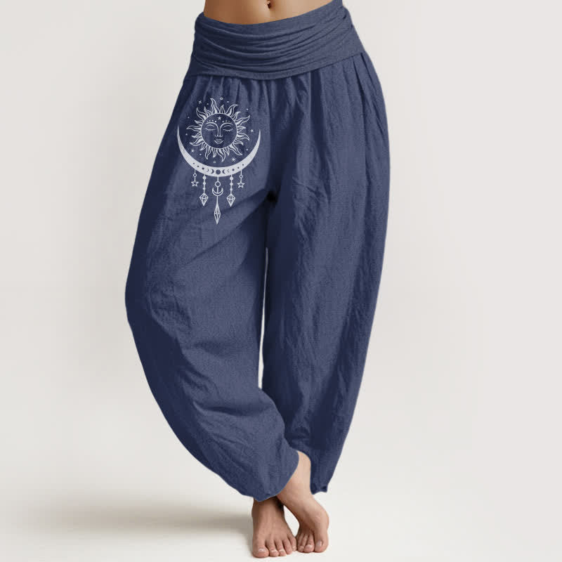 Buddha Stones Pantalones harem de algodón puro con estampado de sol, luna y estrellas con borlas para mujer y cintura elástica. - Azul pizarra oscuro - US16，UK/AU20，EU48 (3XL) - image 8