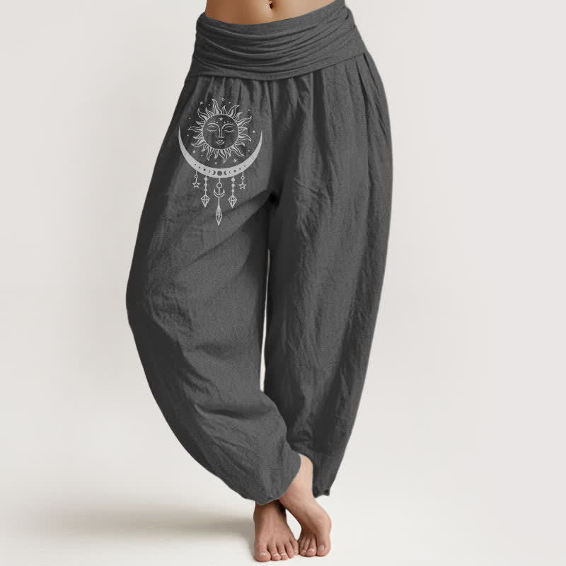 Buddha Stones Pantalones harem de algodón puro con estampado de sol, luna y estrellas con borlas para mujer y cintura elástica. - Gris oscuro - US16，UK/AU20，EU48 (3XL) - image 11
