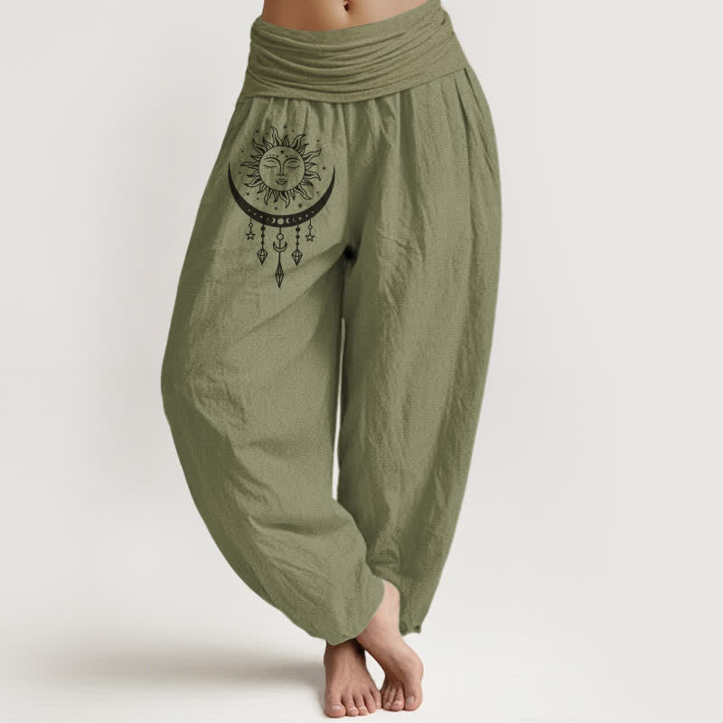 Buddha Stones Pantalones harem de algodón puro con estampado de sol, luna y estrellas con borlas para mujer y cintura elástica. - Verde oliva - US16，UK/AU20，EU48 (3XL) - image 14