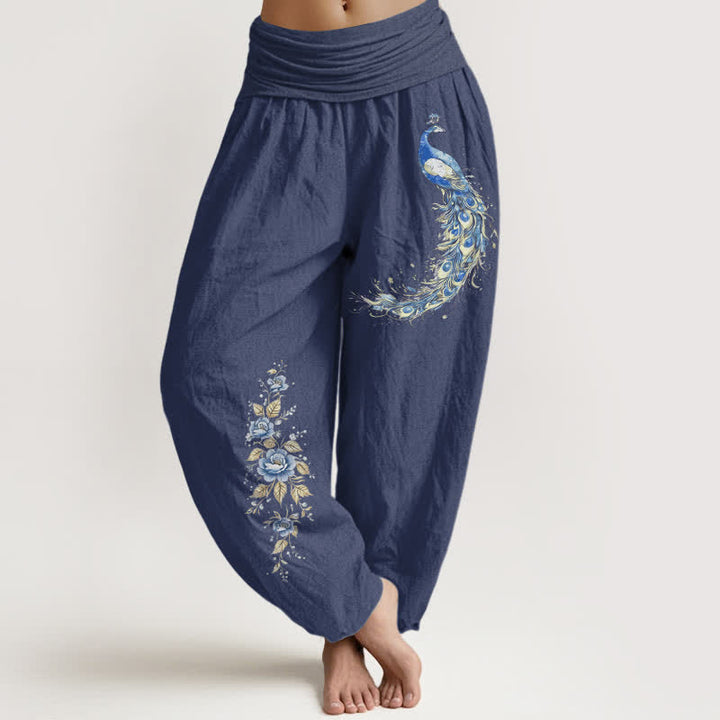 Buddha Stones Pantalones harem de mujer con cintura elástica y estampado de pavo real, de algodón puro. - Azul pizarra oscuro - US16，UK/AU20，EU48 (3XL) - image 0