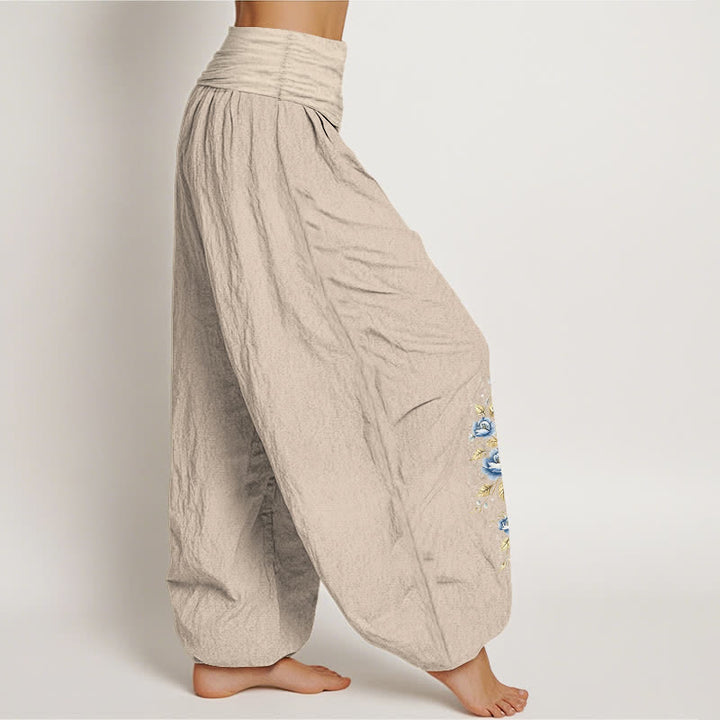 Buddha Stones Pantalones harem de mujer con cintura elástica y estampado de pavo real, de algodón puro. - image 6
