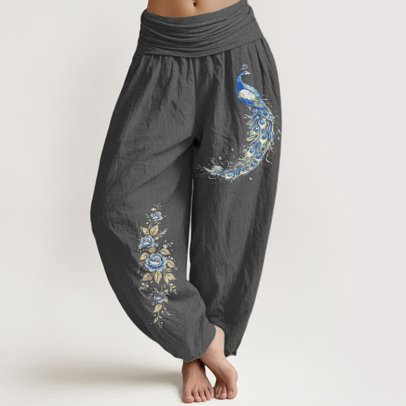 Buddha Stones Pantalones harem de mujer con cintura elástica y estampado de pavo real, de algodón puro. - Gris oscuro - US16，UK/AU20，EU48 (3XL) - image 11