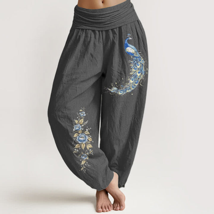 Buddha Stones Pantalones harem de mujer con cintura elástica y estampado de pavo real, de algodón puro. - Gris oscuro - US16，UK/AU20，EU48 (3XL) - image 11