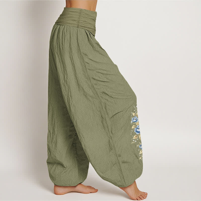 Buddha Stones Pantalones harem de mujer con cintura elástica y estampado de pavo real, de algodón puro. - image 15