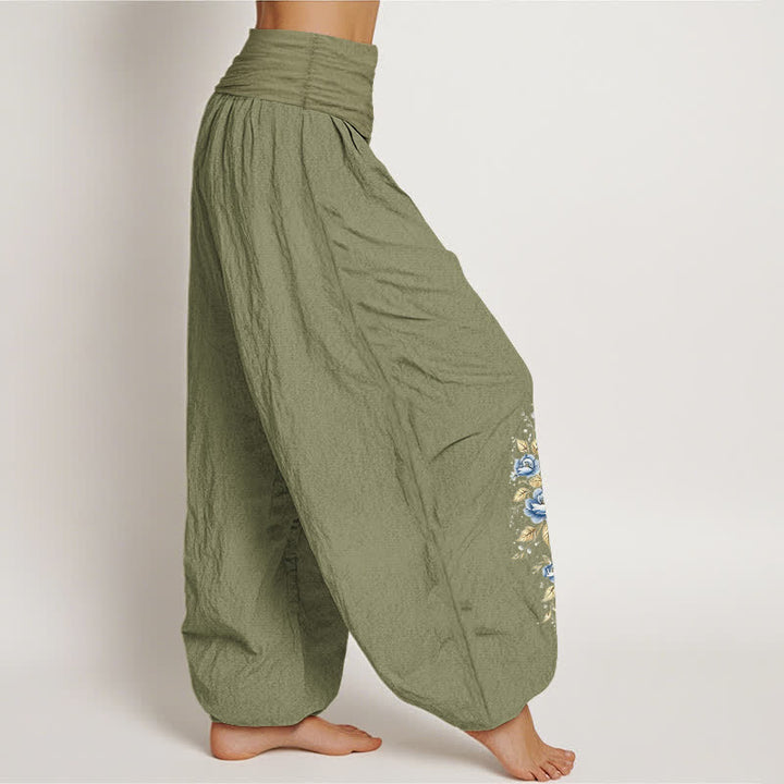 Buddha Stones Pantalones harem de mujer con cintura elástica y estampado de pavo real, de algodón puro. - image 15