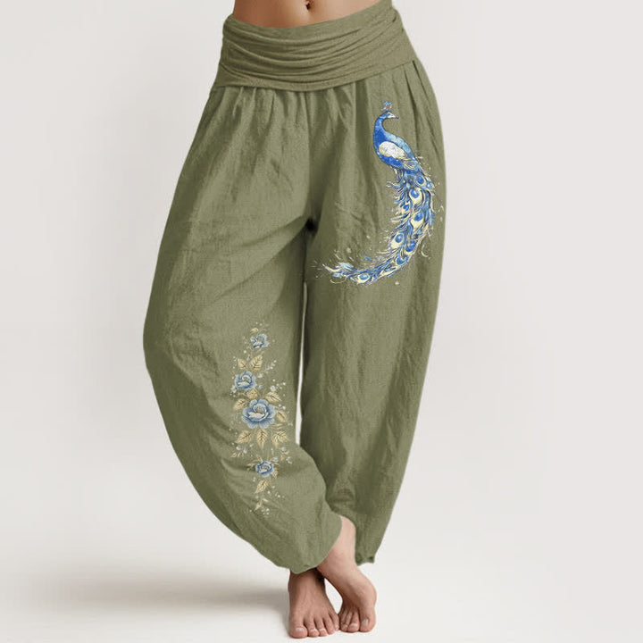Buddha Stones Pantalones harem de mujer con cintura elástica y estampado de pavo real, de algodón puro. - Verde oliva - US16，UK/AU20，EU48 (3XL) - image 14