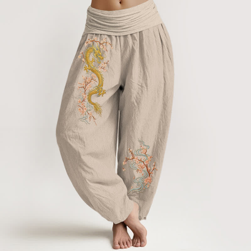 Buddha Stones Pantalones harem de algodón puro con estampado de dragón dorado y flores rosas para mujer, con cintura elástica. - Broncearse - US16，UK/AU20，EU48 (3XL) - image 5