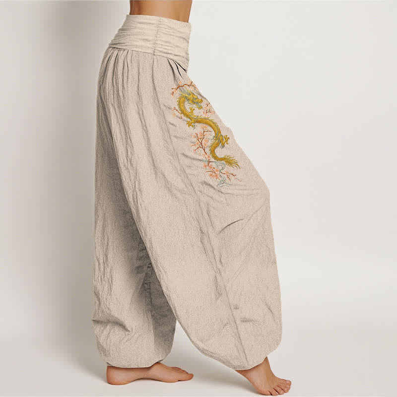 Buddha Stones Pantalones harem de algodón puro con estampado de dragón dorado y flores rosas para mujer, con cintura elástica. - image 6