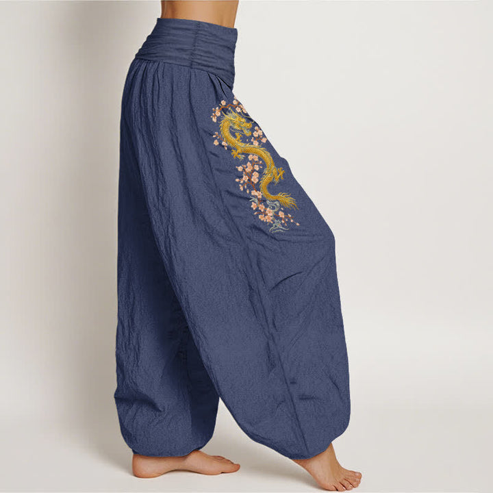 Buddha Stones Pantalones harem de algodón puro con estampado de dragón dorado y flores rosas para mujer, con cintura elástica. - image 9