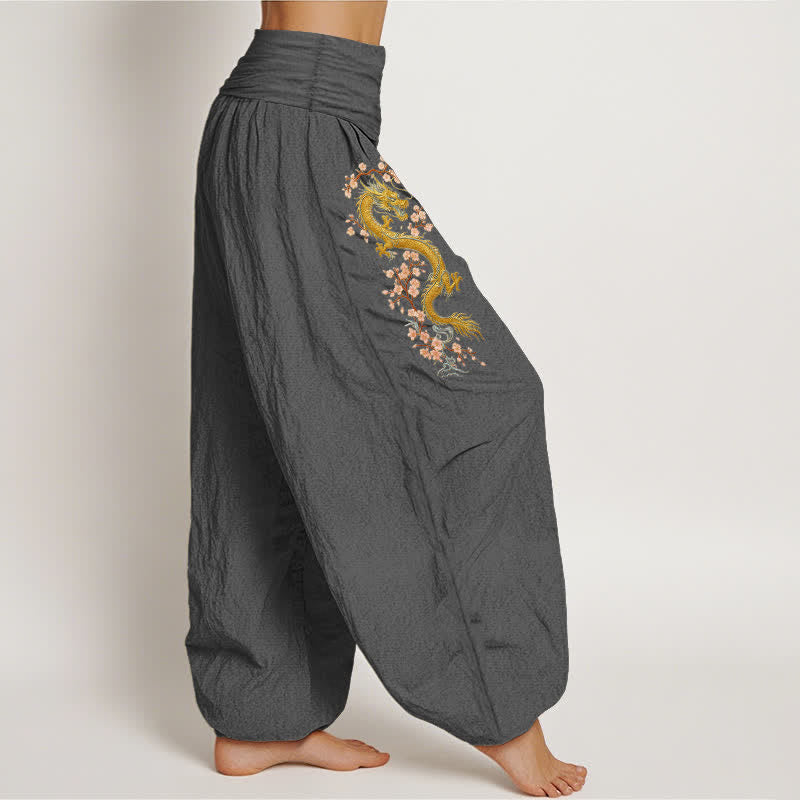 Buddha Stones Pantalones harem de algodón puro con estampado de dragón dorado y flores rosas para mujer, con cintura elástica. - image 12