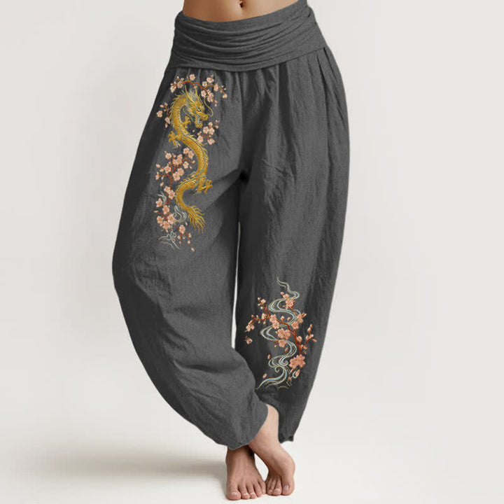 Buddha Stones Pantalones harem de algodón puro con estampado de dragón dorado y flores rosas para mujer, con cintura elástica. - Gris oscuro - US16，UK/AU20，EU48 (3XL) - image 11
