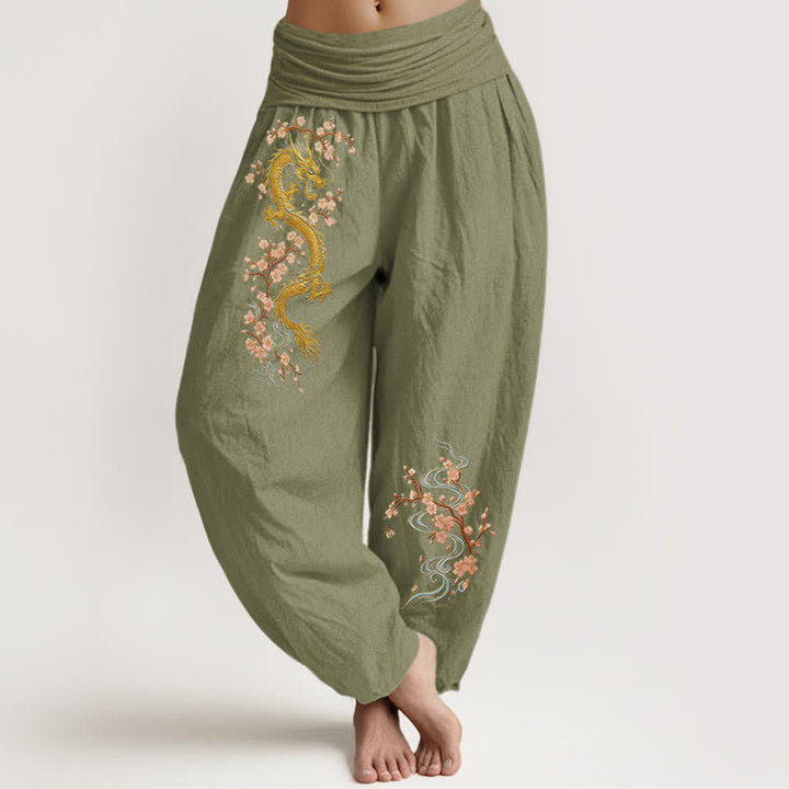 Buddha Stones Pantalones harem de algodón puro con estampado de dragón dorado y flores rosas para mujer, con cintura elástica. - Verde oliva - US16，UK/AU20，EU48 (3XL) - image 14
