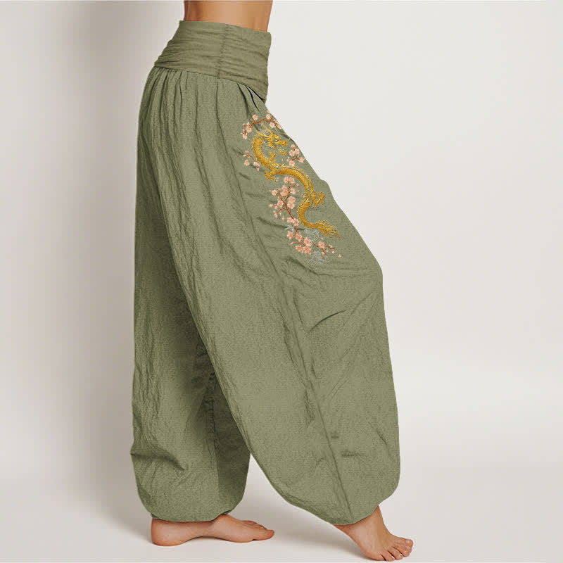 Buddha Stones Pantalones harem de algodón puro con estampado de dragón dorado y flores rosas para mujer, con cintura elástica. - image 15