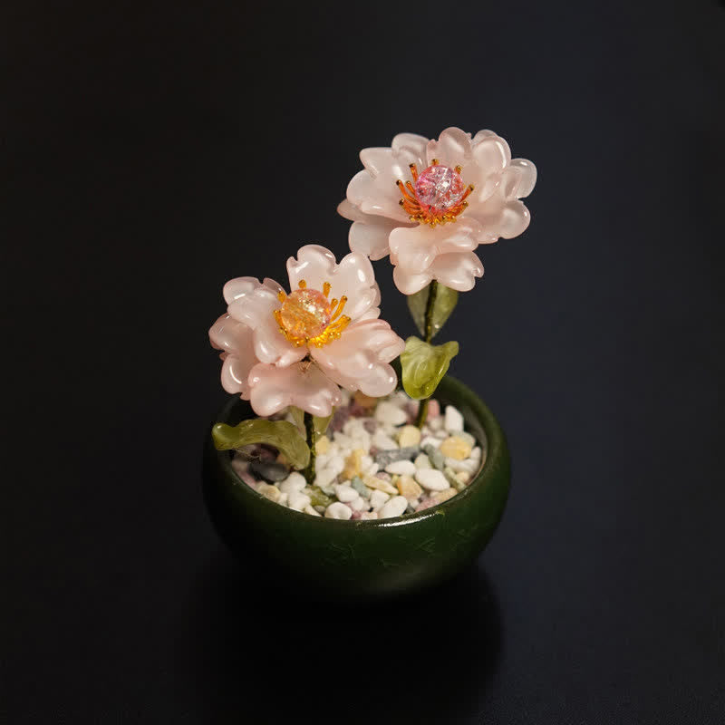 Buddha Stones Maceta de peonías, lotos y liuli hecha a mano para una decoración consciente. - Peonía rosa - image 2